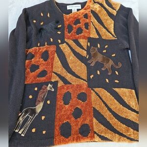 Vtg Victoria Harbour Animal Patchwork Sweater in Black and Burnt Orange Wmns L